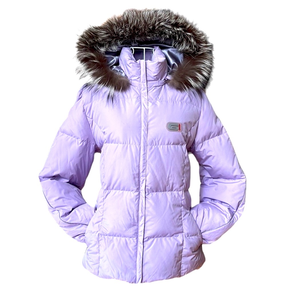 Vintage Down parka. Lavender with silver gray lining. Fur trimmed hood.